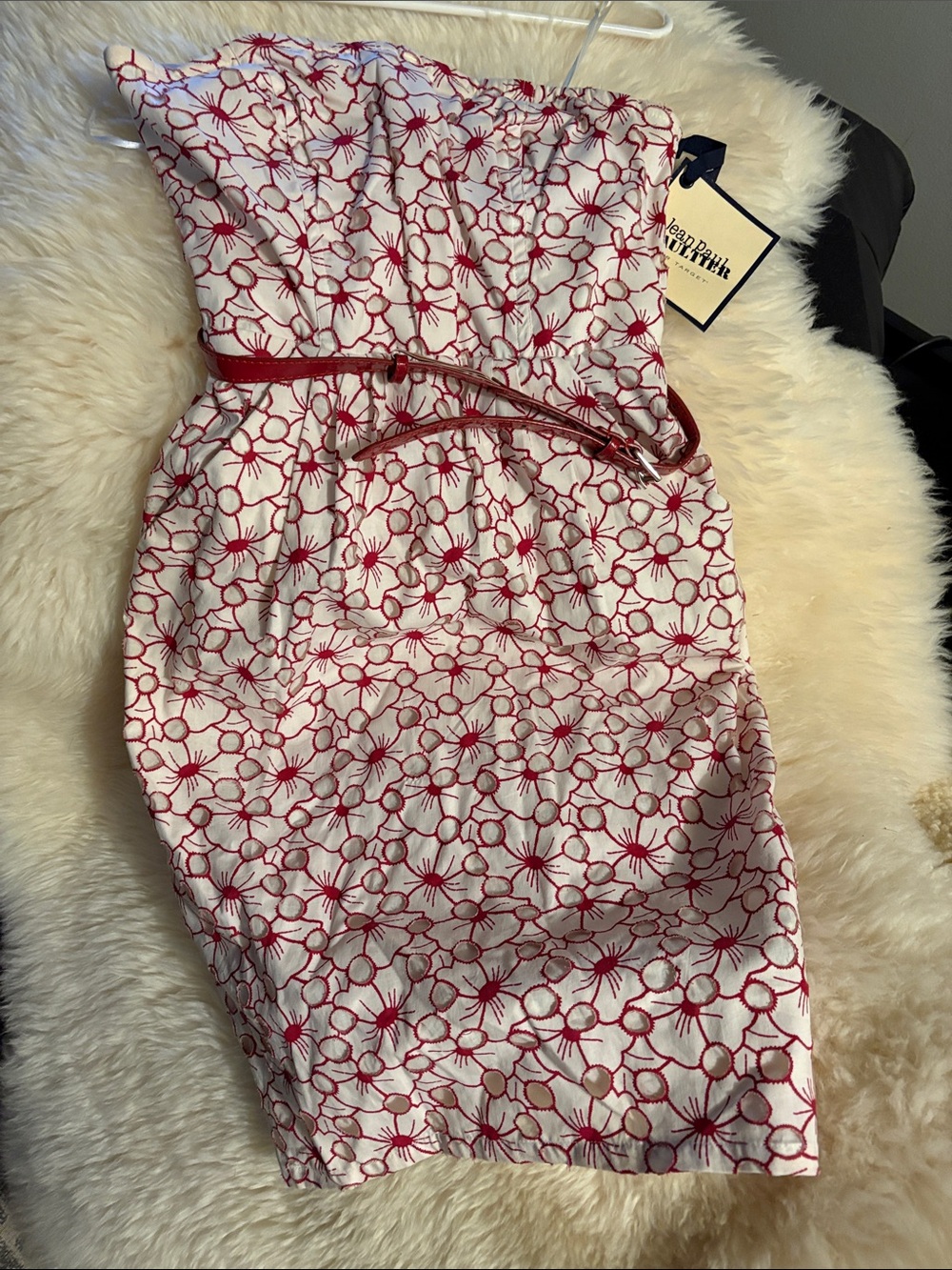 Jean Paul Gaultier White Strapless Dress with Red Floral Embroidery
